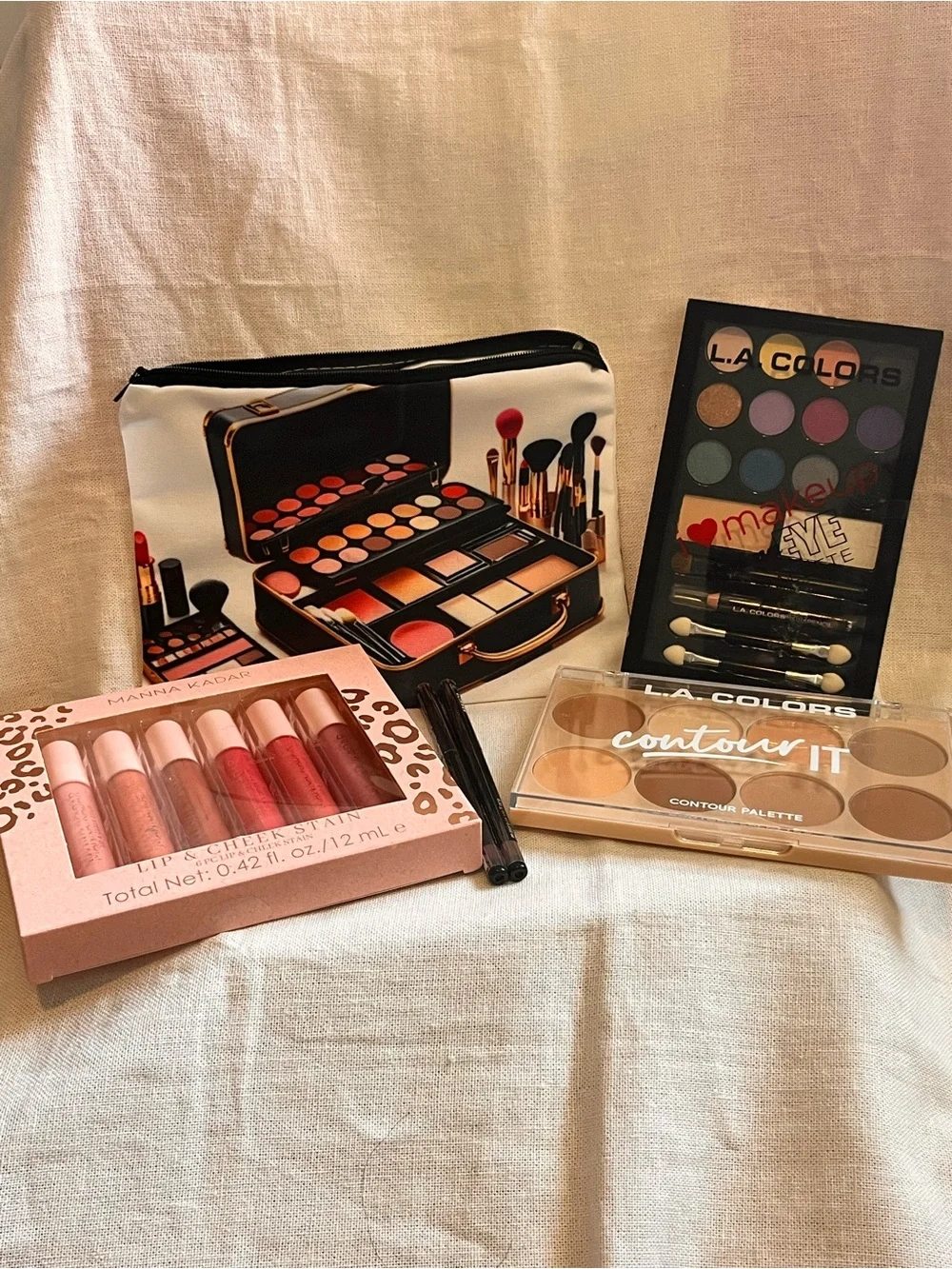 L.A. Colors Eye Shadow Palette & Contour Kit Set Pink and Neutral Shades Bundle
